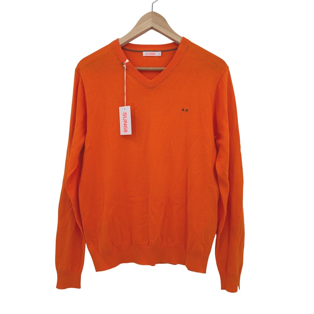 SUN68 Mens V Neck Solid 100% Cotton Knit Sweater Orange Arancione Size S NWT